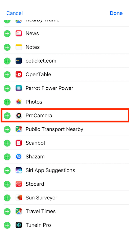 Adding the ProCamera widget to your widget screen on iPhone