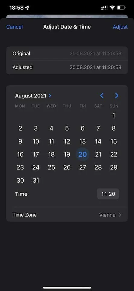Adjust date and time in the iOS 15 EXIF viewer