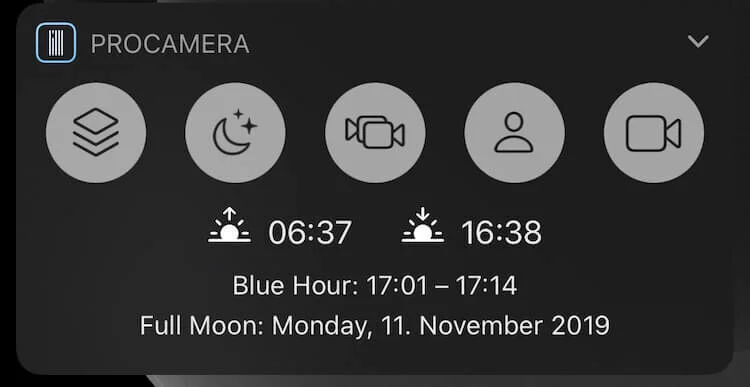 ProCamera App widget with blue hour timings