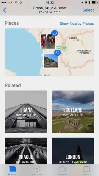 Scroll down the details page for a map and related photos in the iOS 10 photos app