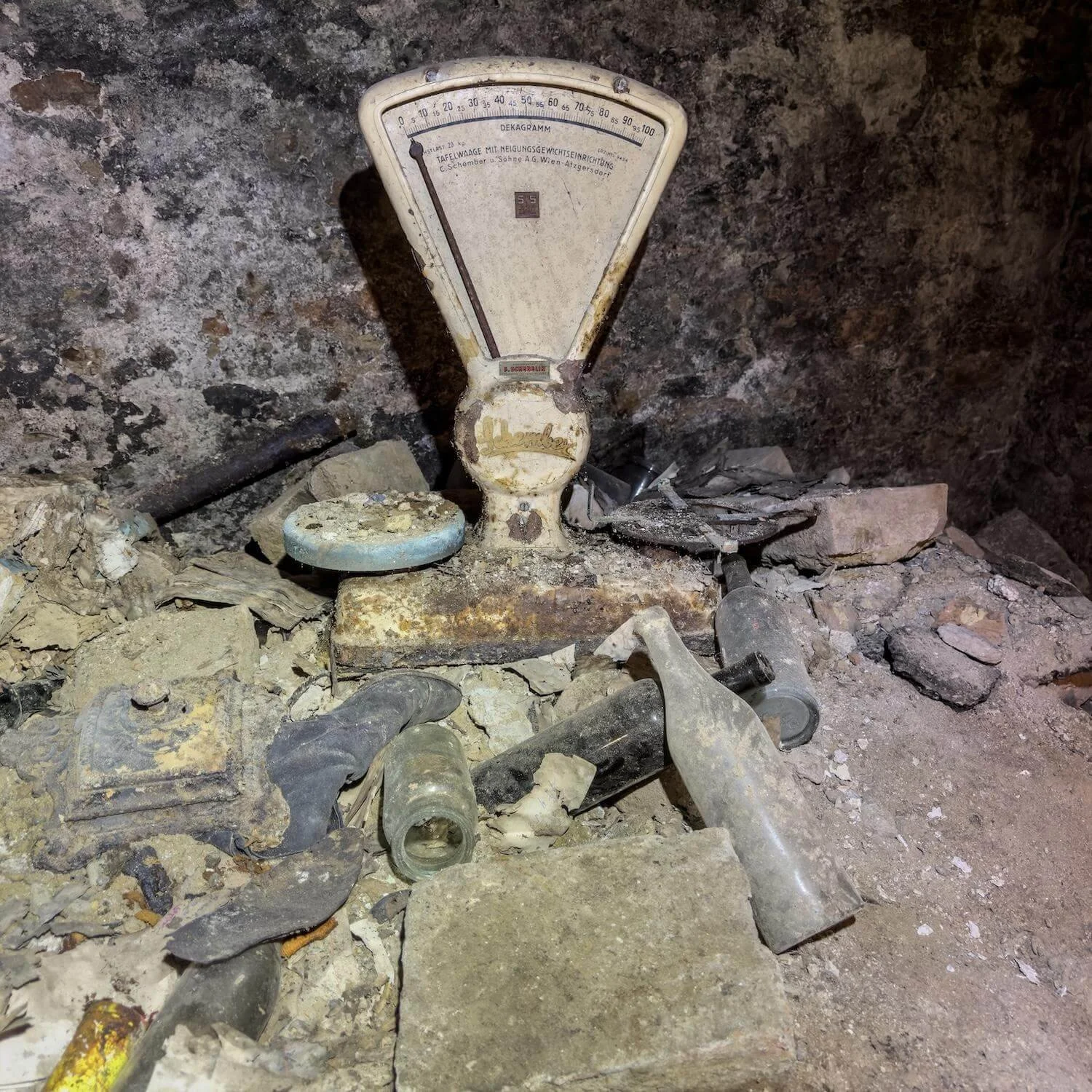 An old mechanical scale left behind inside an abandoned WWII cellar in Vienna
