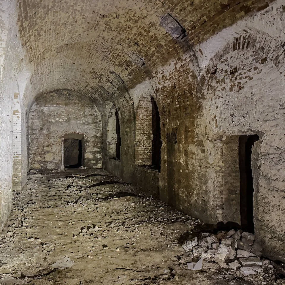 One of the vaulted chambers of an abandoned air-raid shelter tunnel deep beneath Vienna