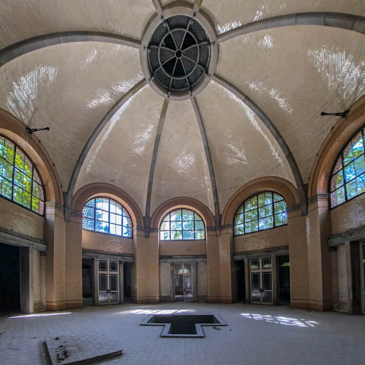 The historic tiled bathhouse interior used as a movie set in A Cure for Wellness at Beelitz