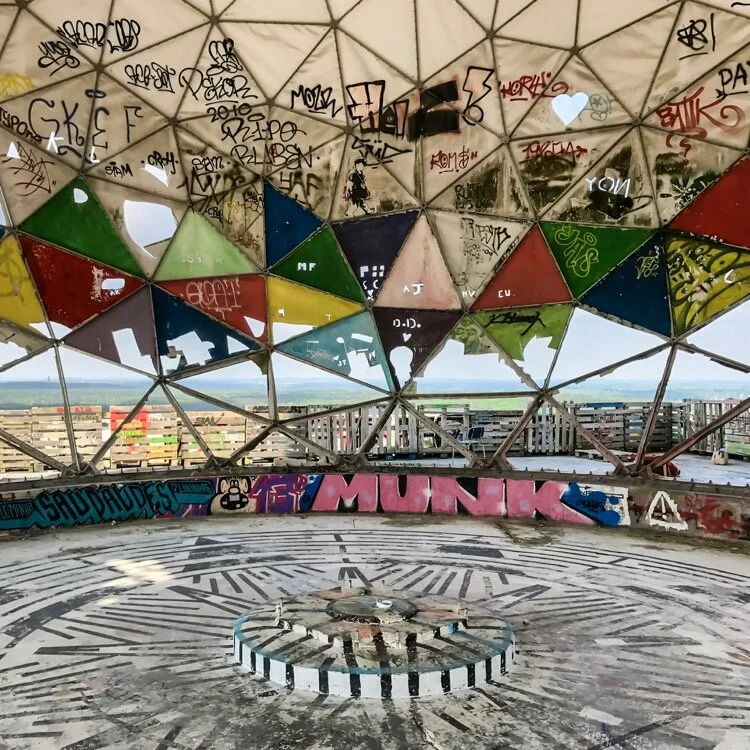 Inside one of the spherical radomes covered with street art at the Teufelsberg listening outpost