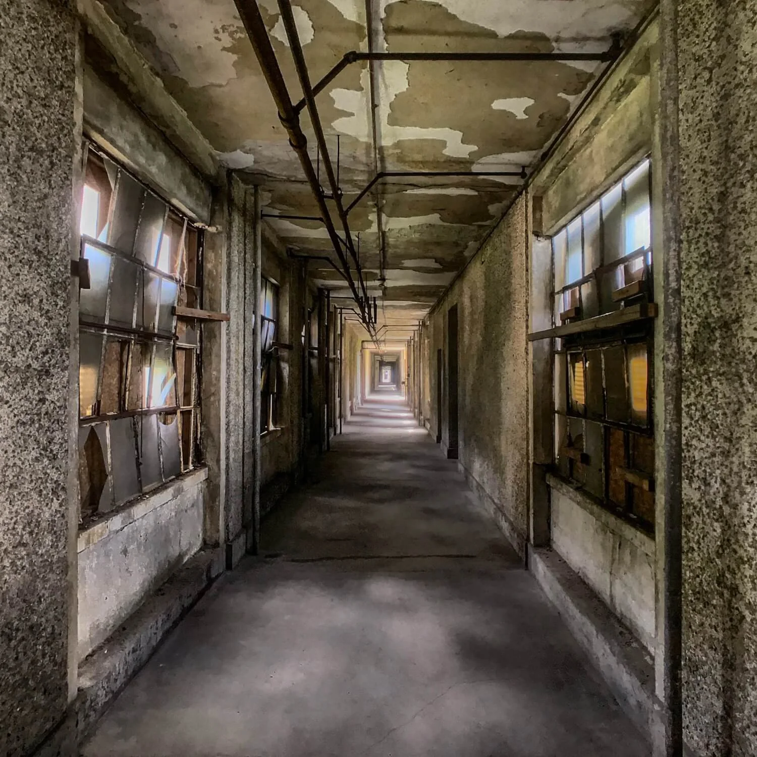 One of the endless long corridors of the abandoned Immigrant Hospital at Ellis Island