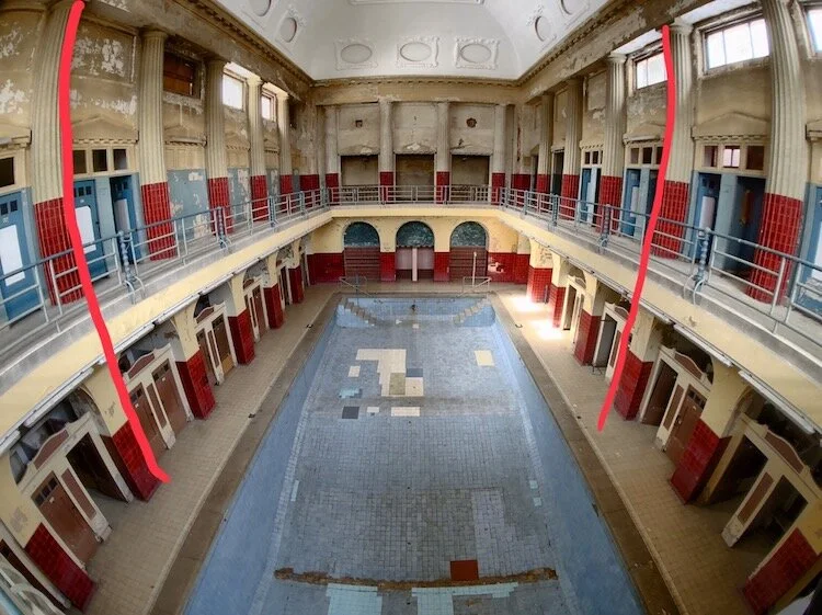 Bent lines at an abandoned public bath in Leipzig