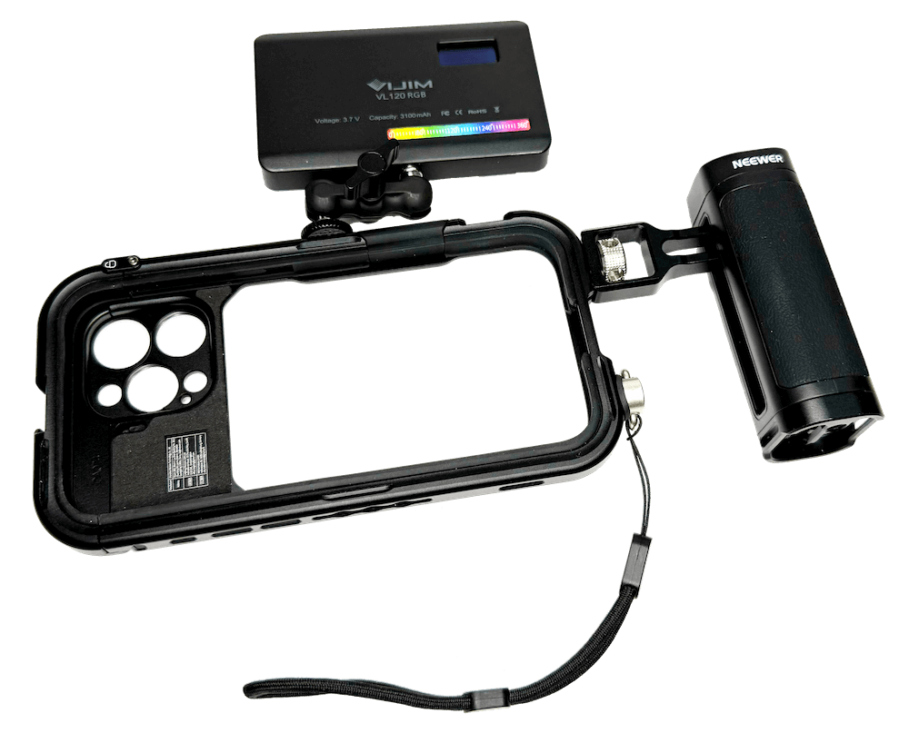 Neewer iPhone cage with wrist-strap, light and grip with remote shutter release