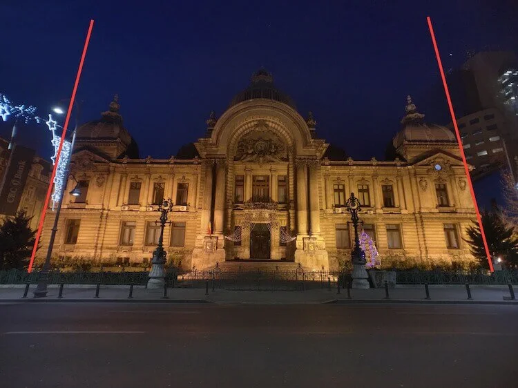 Perspective distortion (red lines) from a building