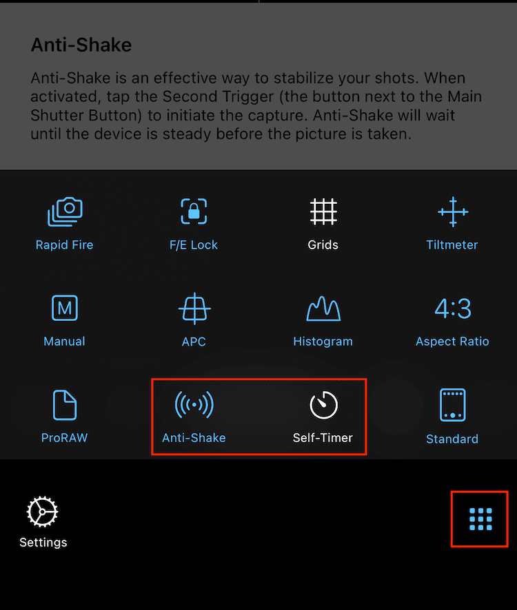 Secondary shutter release setting in ProCamera App