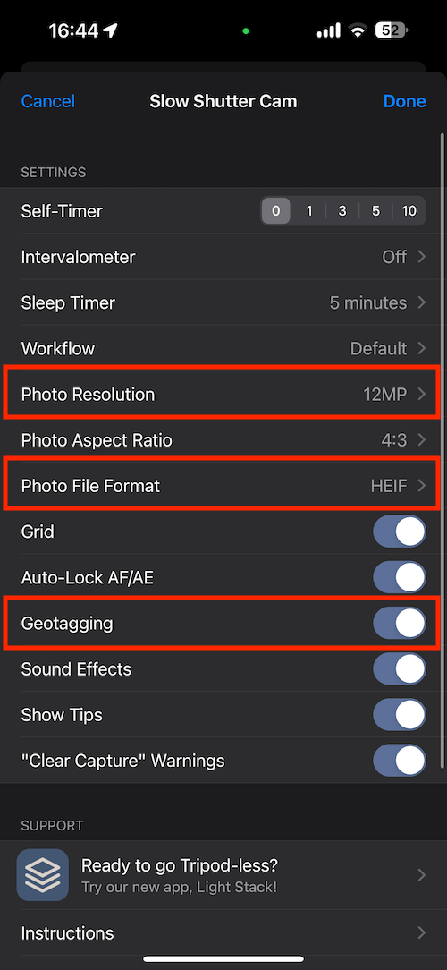Important settings for Slow Shutter Cam App