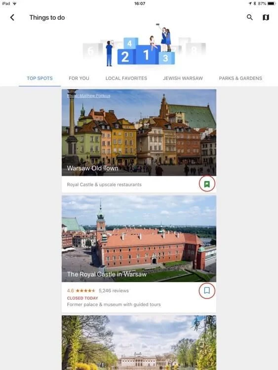 Bookmarking locations in Google Trips