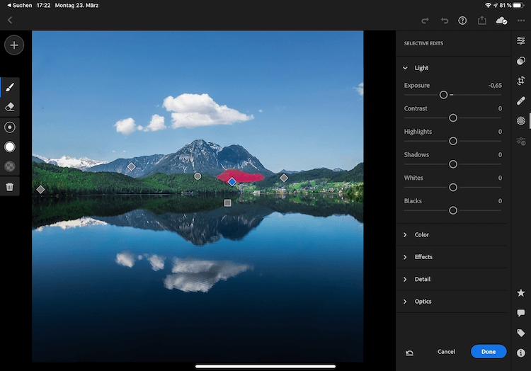 Turning down exposure with a local adjustment in Lightroom Mobile