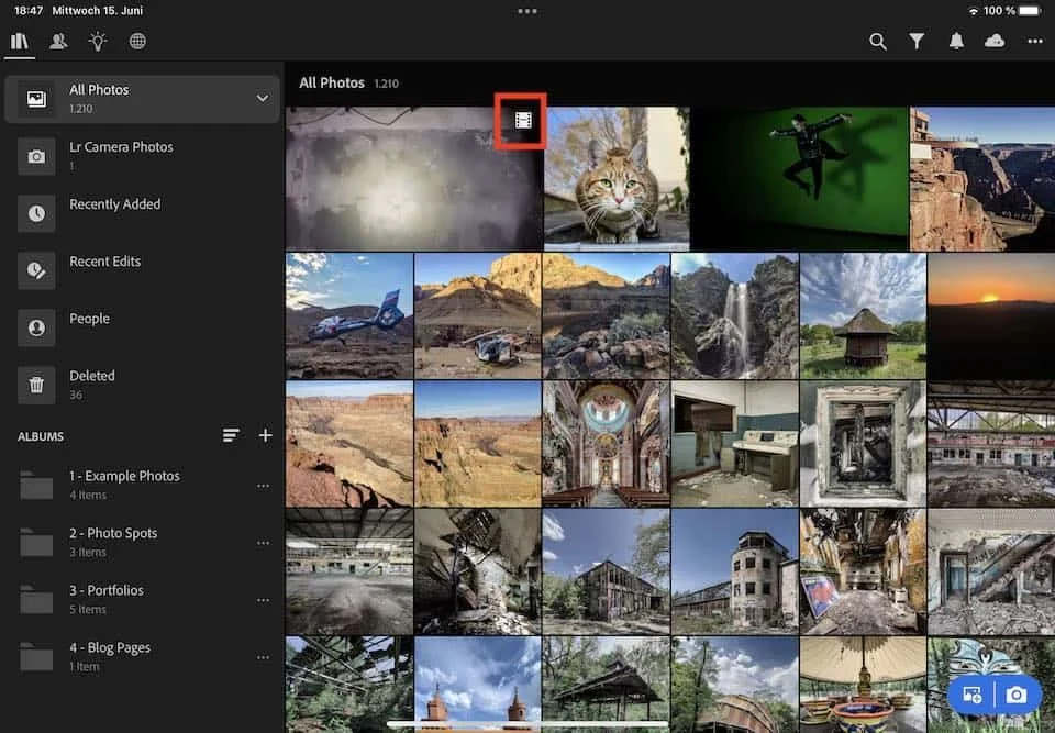 Videos will display a filmstrip icon in Lightroom mobile