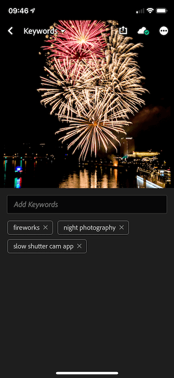 Keywords assigned to a photo in Lightroom Mobile